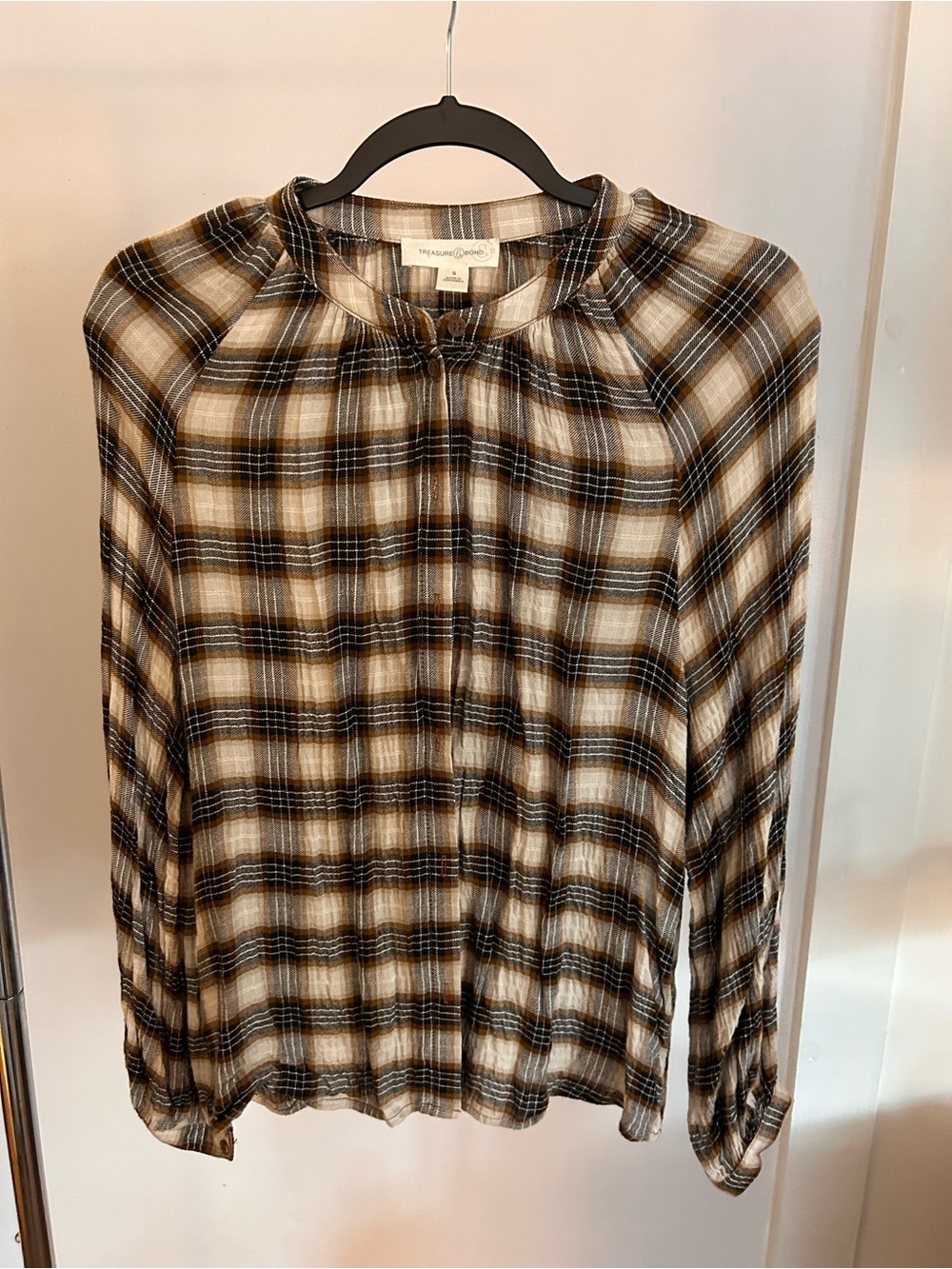 Treasure & Bond Plaid Button-Down Shirt in Black, Brown & Cream